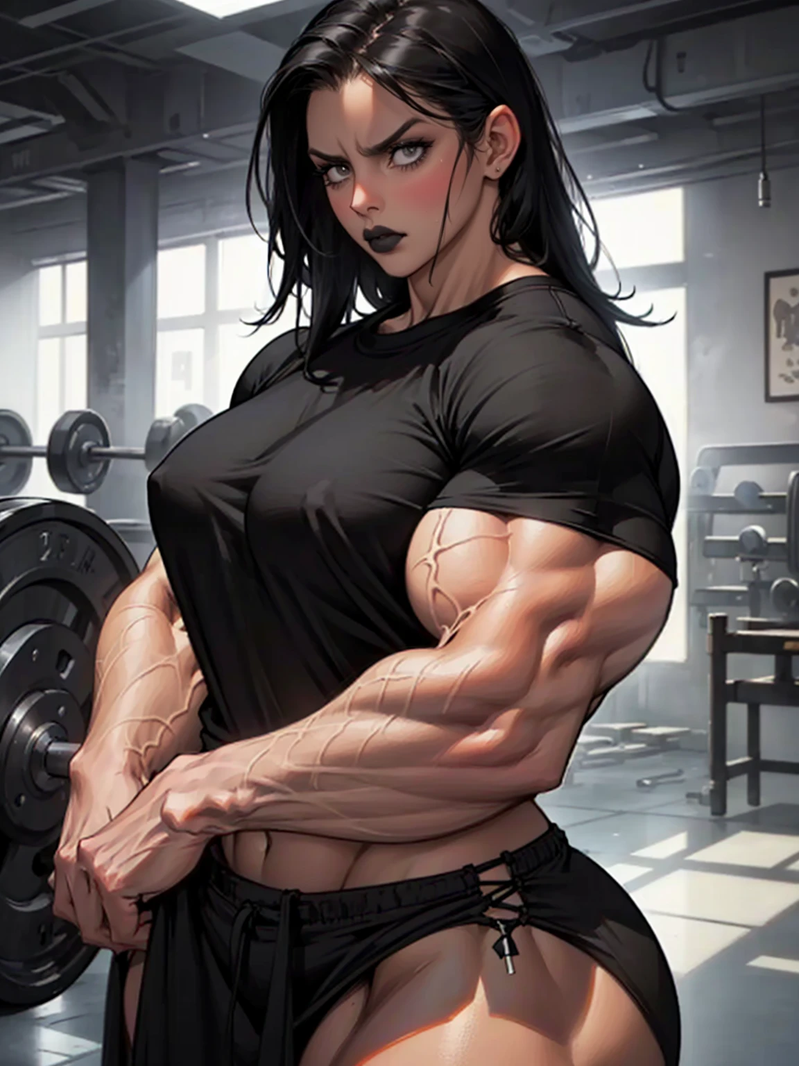 masterpiece, realistic, detailed, young woman, (hypermuscle:1.7), long straight black hair, black lipstick, (((baggy oversized loose grey tshirt))), black thong, realistic face, (irritated expression:1.2), small waist, massive thighs, gigantic ass, (detailed face, beautiful face, realistic face), huge lips, bar
