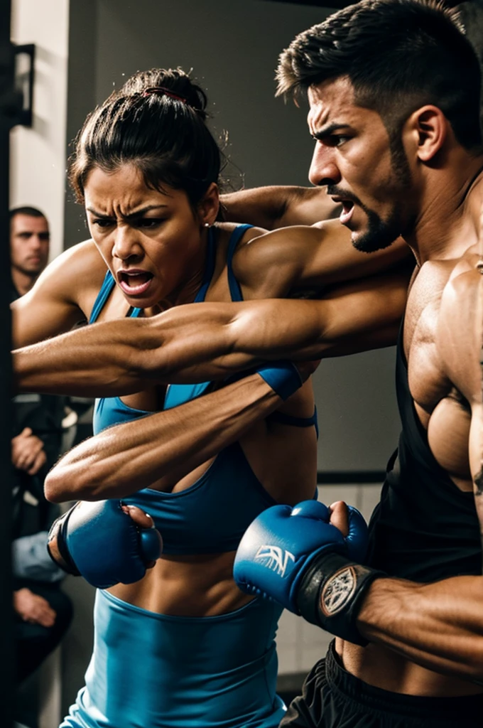 A woman fights a man.