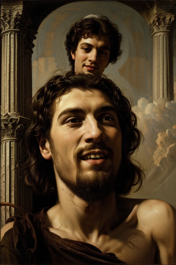 1 guy, Angelical greek good. skinny, tall guy, long hair, smiling, teeth smiling, low angle, celestical, pillars, full body, view from below, old painting style, old painting, caravaggio style, full body