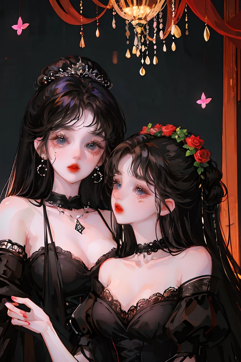 Two beautiful, elegant girls. One girl rests her head on the shoulder of the other girl, her friend, Black Dress, Fantasy forest wallpaper, Butterflies, Colorful roses, vibrant, Very detailed, Masterpiece, High quality 