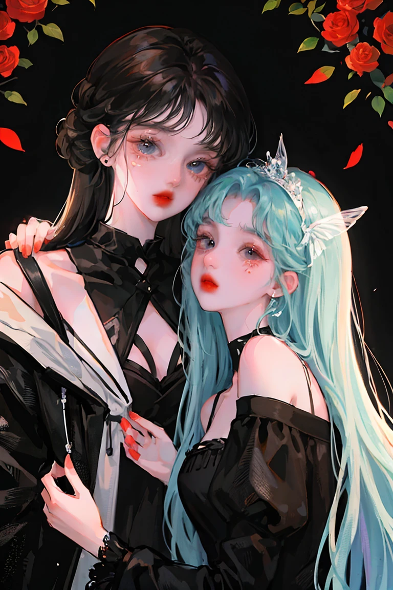 Two beautiful, elegant girls. One girl rests her head on the shoulder of the other girl, her friend, Black Dress, Fantasy forest wallpaper, Butterflies, Colorful roses, vibrant, Very detailed, Masterpiece, High quality 