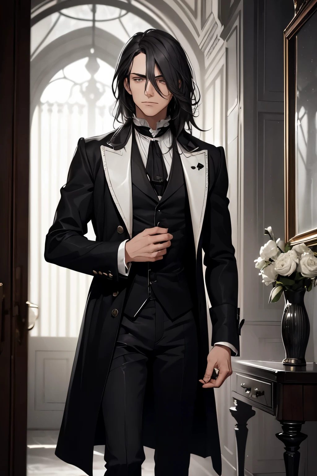 A melancholy man from the Victorian era with dark, shoulder-length hair and silver-gray eyes. He is wearing an elaborate black coat, a high-collared white shirt, and dark trousers with high leather boots. He stands in a dimly lit, old mansion filled with a sense of forgotten stories."