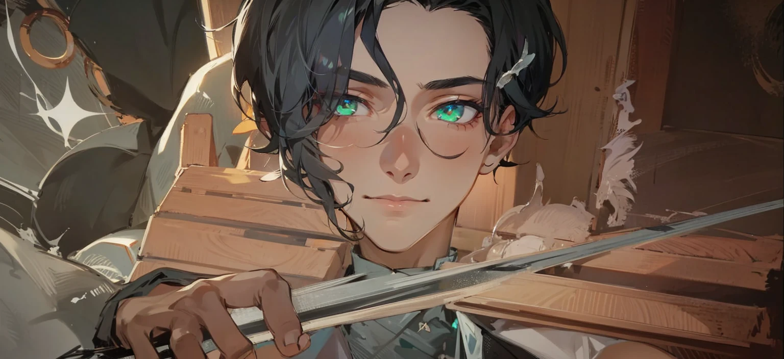 1boy. Dark skin, black hair, green eyes.