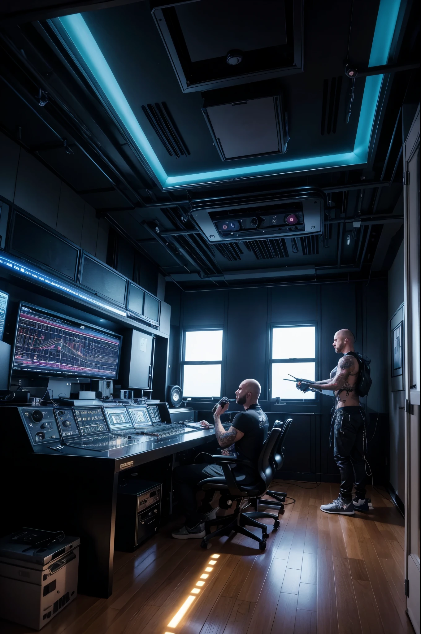 Futuristic music studio, with two tattooed guys recording, well lit with lights on the ceiling and on the side 4k image