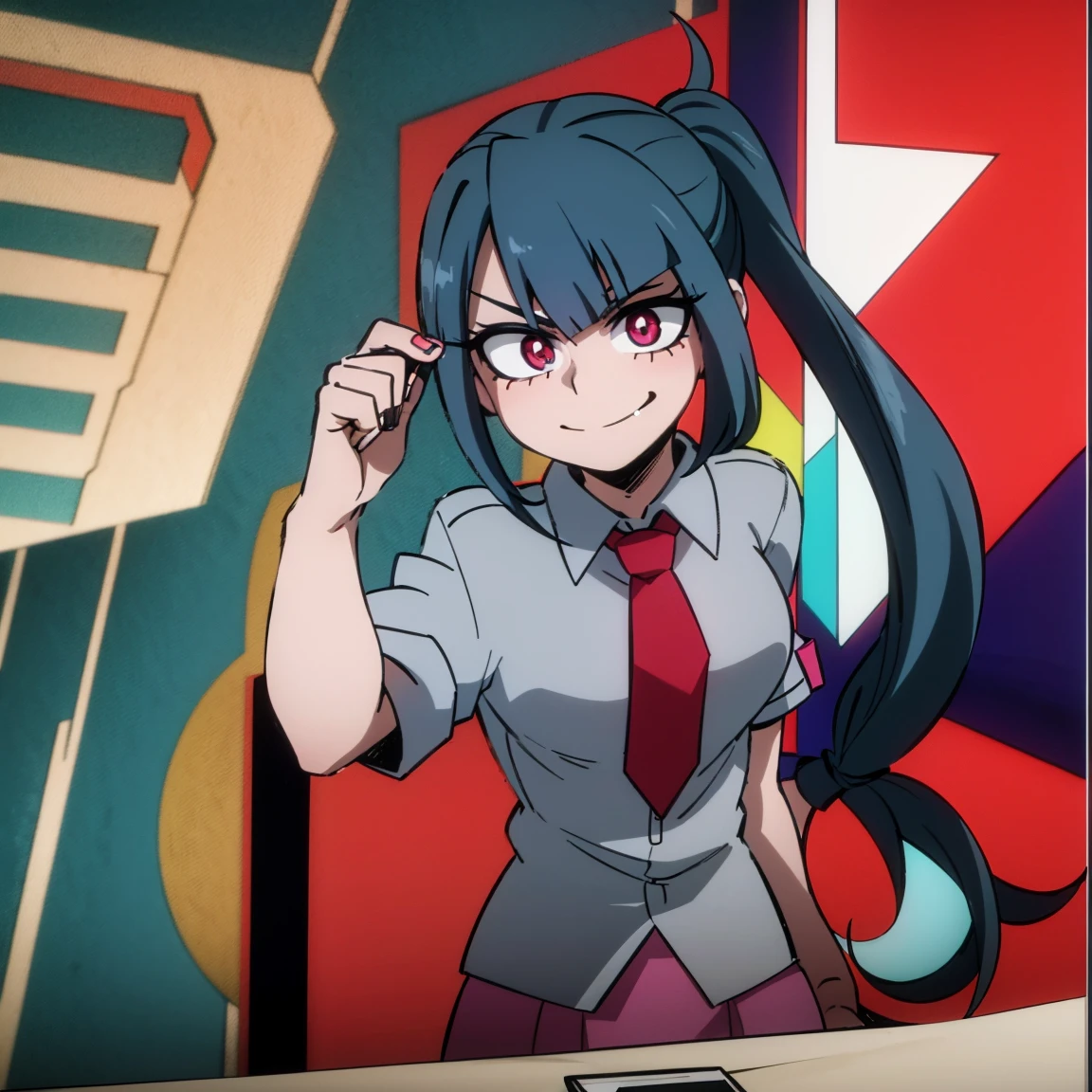 1girl, solo, fair skin, smile, big chest, long ponytail hair, blue hair, dark blue streaked hair, multicolored hair, two-tone hair, pink eyes, blue eyeshadow, gray jacket, red tie, white shirt, teal skirt, u.a, UA uniform, Kohei Horikoshi, My Hero Academia
