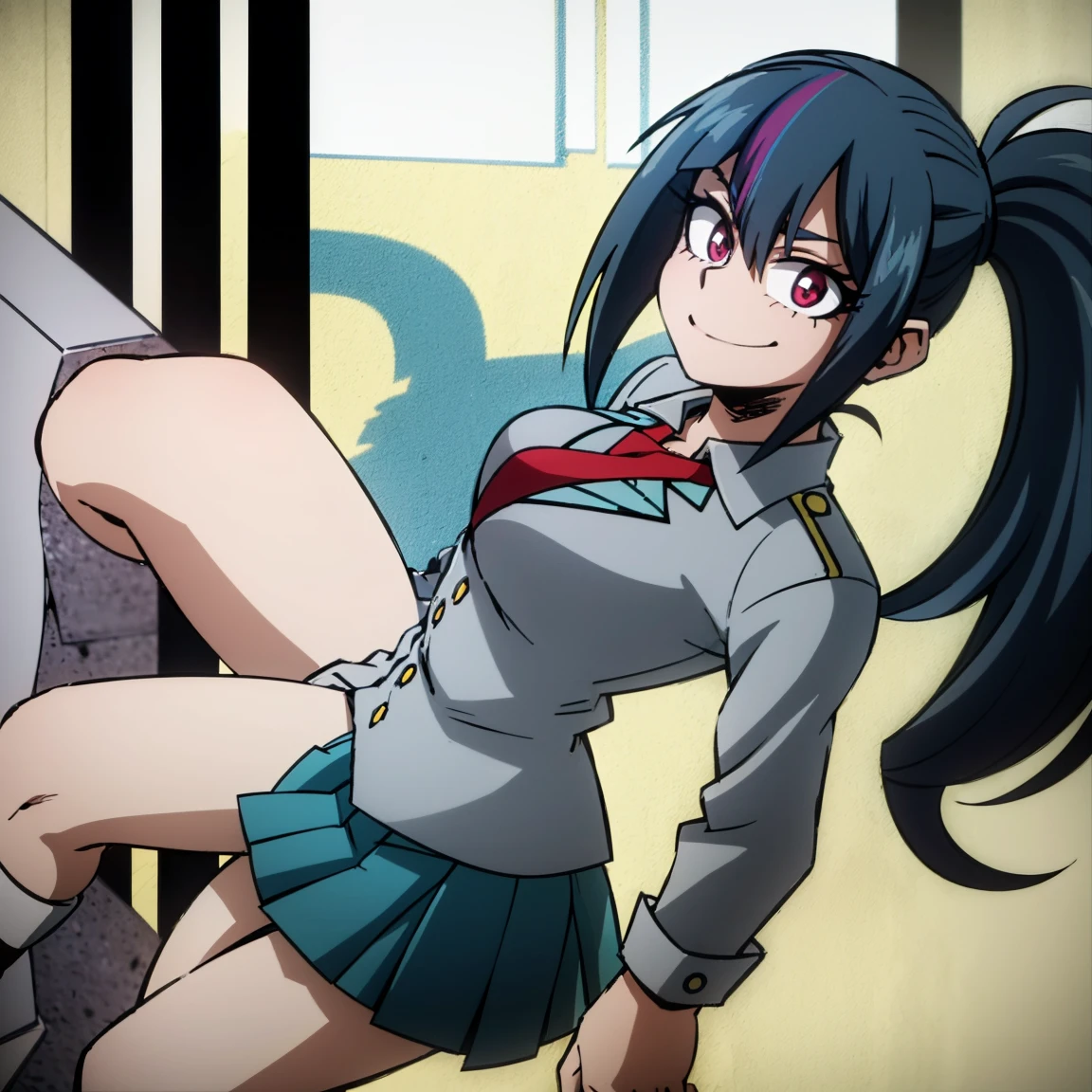 1girl, solo, fair skin, smile, big chest, long ponytail hair, blue hair, dark blue streaked hair, multicolored hair, two-tone hair, pink eyes, blue eyeshadow, gray jacket, red tie, white shirt, teal skirt, u.a, UA uniform, Kohei Horikoshi, My Hero Academia