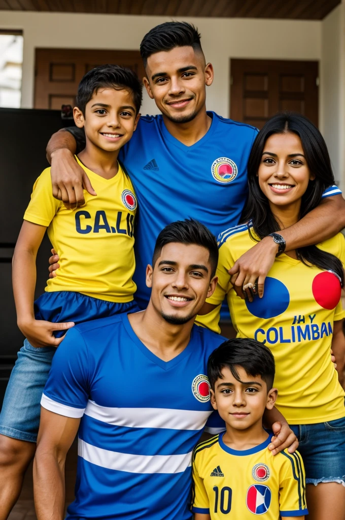 1 man and a woman with their son, all 3 with the Colombia t-shirt, the man's t-shirt that says Franz, the woman's pao and the child's matias