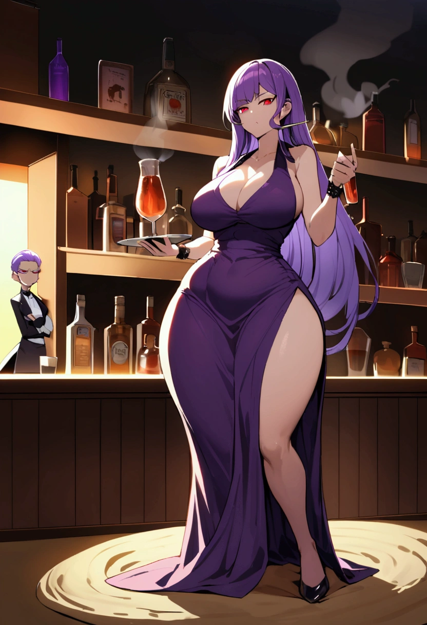 A long purple haired orcat bartender, with a curvy figure,  of sand, the woman smoking, with a serious face and tall body, red eyes, the woman is in a bar with alcoholic drinks in the background 