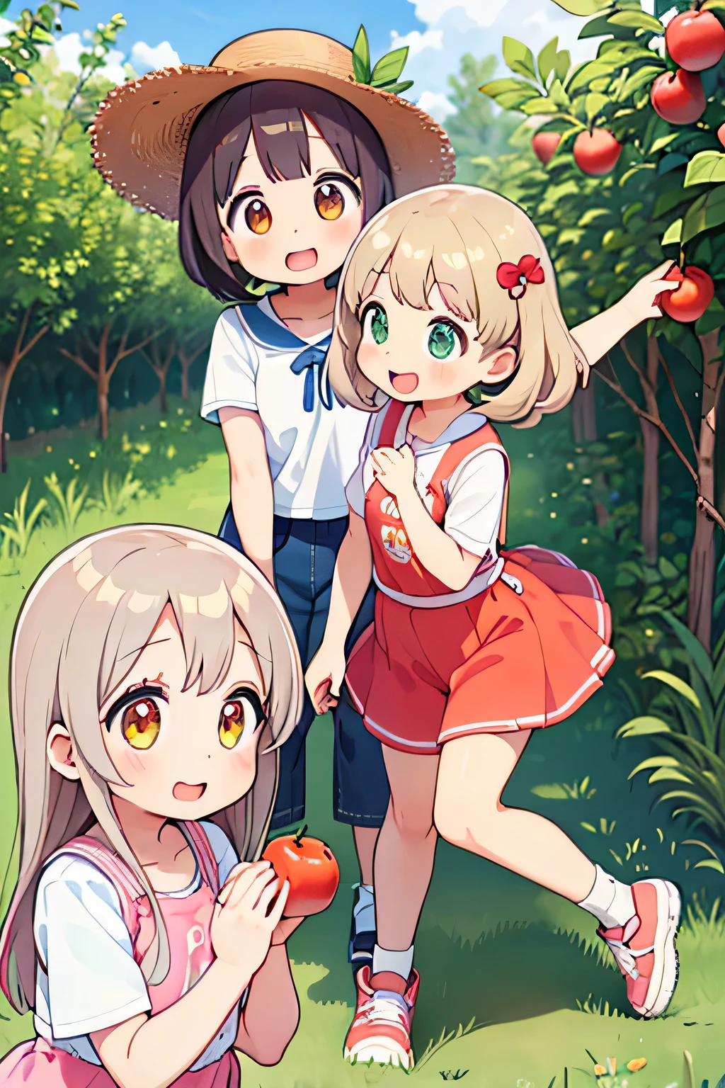 Highest quality、High resolution、Detailed Background、(Beautiful face in every detail:1.4)、Anatomically correct、(Normal number of fingers:1.2)、(Detailed facial expressions)、Teenage beauty、Highly detailed face、Light color hair、Braided Ponytail、Braided bob cut、cute hairstyle、cute gesture、Fun atmosphere、A big smile、smile、Refreshing atmosphere、apple、mandarin orange、peach、
(Girls enjoying fruit picking:1.5)、
On top of a hill with a blue sky、wood々The sunlight shines through、I found some ripe red fruit.、
Holding hands with friends、Climbing from a high branch、Picking sweet-smelling grapes、
A fun time filled with smileemories that remain in my heart、
Now, what color fruit will be next?、Can you find it?、Let's all gather together and eat、
Summer memories: Fruit picking、Running around under the blue sky、apple、mandarin orange、Collected peaches、
I had a great time、A memorable summer day、
A cute T-shirt with fruit prints and colorful colors.、
A flared dress made of lightweight material、Comfortable denim or cotton shorts、
Flared skirts, culottes, etc.、Comfortable flat or sports sandals、Lightweight and breathable sneakers、Caps and hats that are easy to crush、
The color is red, reminiscent of fruit.、yellow、orange、Green etc. gives a lovely impression、cute
