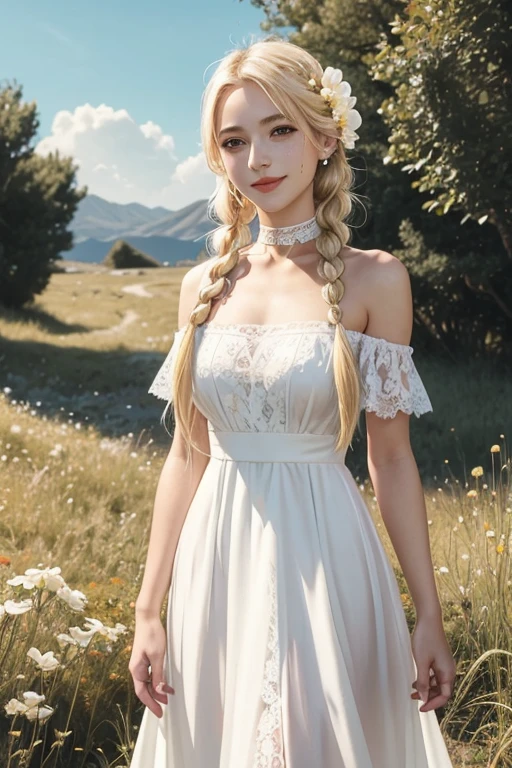 ryuseilan,inoriac,1girl, blonde hair, braid, breasts, choker, dress,((prosthetic arm, fake arm)), flower, gradient hair, grass, holding, holding flower, lace-trimmed dress, lips, long hair, mole, mole on neck,golden hair, nail polish, off shoulder, outdoors, smile, solo, twin braids, white choker, white dress, white flower.