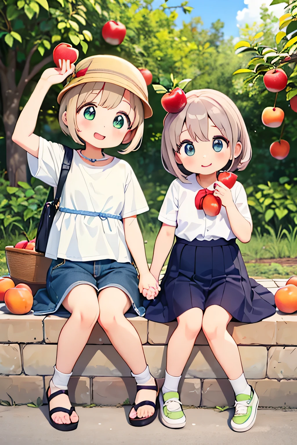 Highest quality、High resolution、Detailed Background、(Beautiful face in every detail:1.4)、Anatomically correct、(Normal number of fingers:1.2)、(Detailed facial expressions)、age beauty、Highly detailed face、Light color hair、Braided Ponytail、Braided bob cut、cute hairstyle、cute gesture、Fun atmosphere、A big smile、smile、Refreshing atmosphere、apple、mandarin orange、peach、
(Girls enjoying fruit picking:1.5)、
On top of a hill with a blue sky、wood々The sunlight shines through、I found some ripe red fruit.、
Holding hands with friends、Climbing from a high branch、Picking sweet-smelling grapes、
A fun time filled with smileemories that remain in my heart、
Now, what color fruit will be next?、Can you find it?、Let's all gather together and eat、
Summer memories: Fruit picking、Running around under the blue sky、apple、mandarin orange、Collected peaches、
I had a great time、A memorable summer day、
A cute T-shirt with fruit prints and colorful colors.、
A flared dress made of lightweight material、Comfortable denim or cotton shorts、
Flared skirts, culottes, etc.、Comfortable flat or sports sandals、Lightweight and breathable sneakers、Caps and hats that are easy to crush、
The color is red, reminiscent of fruit.、yellow、orange、Green etc. gives a lovely impression、cute