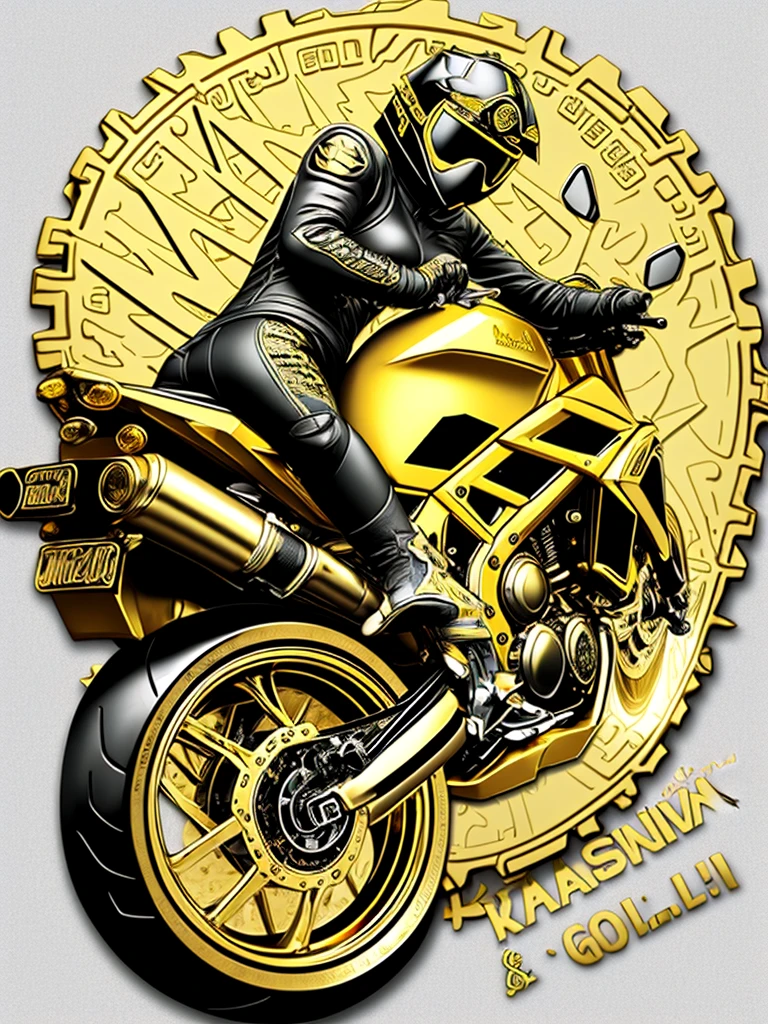 motorcycle, gold-plated, masterpiece, Best quality, blazing on fire, Kawasaki ninjas, shine, coin bitcoin, bitcoin stickers, everything is made of gold