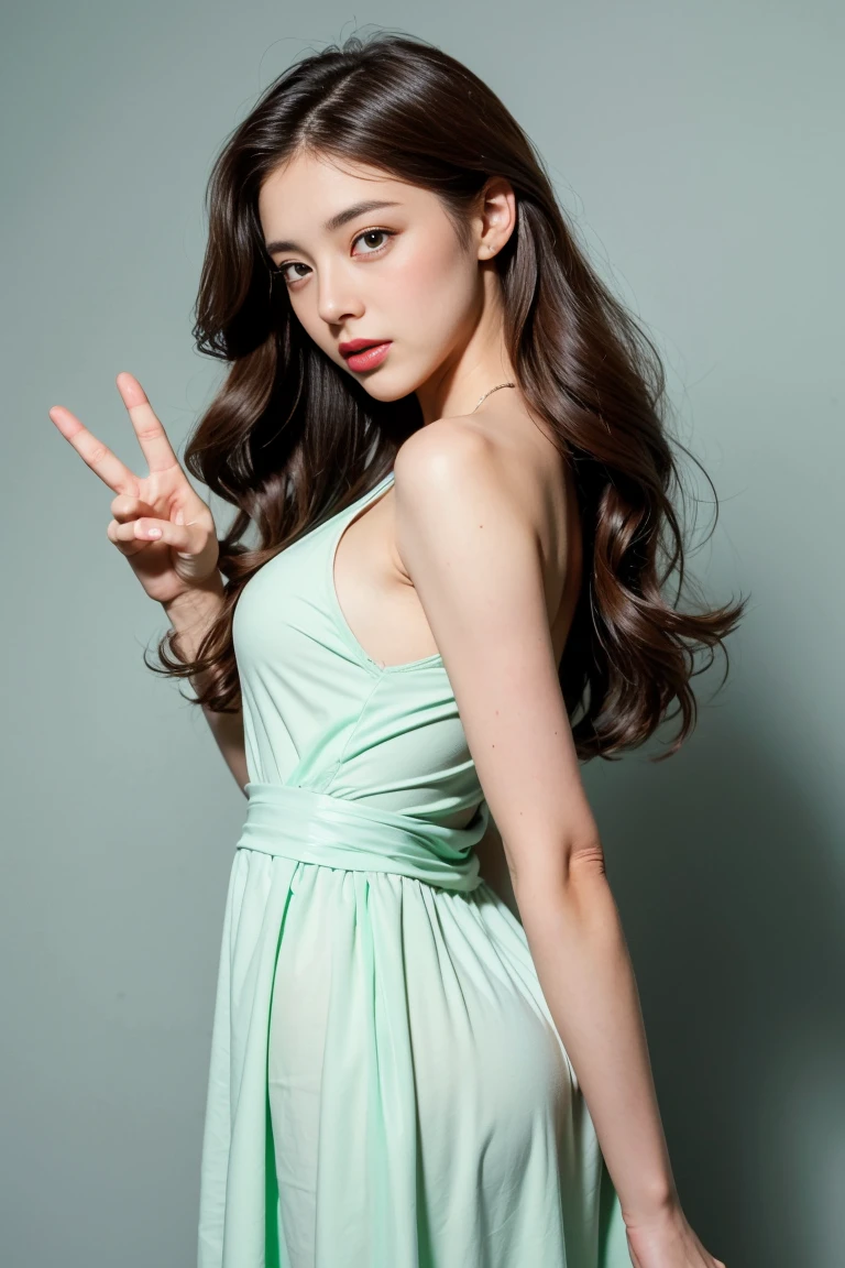 (nude)Wavy long hair, Brown Hair, One girl, Emerald Eyes, Shake with two fingers, Pink Lips, Pastel Green Dress,