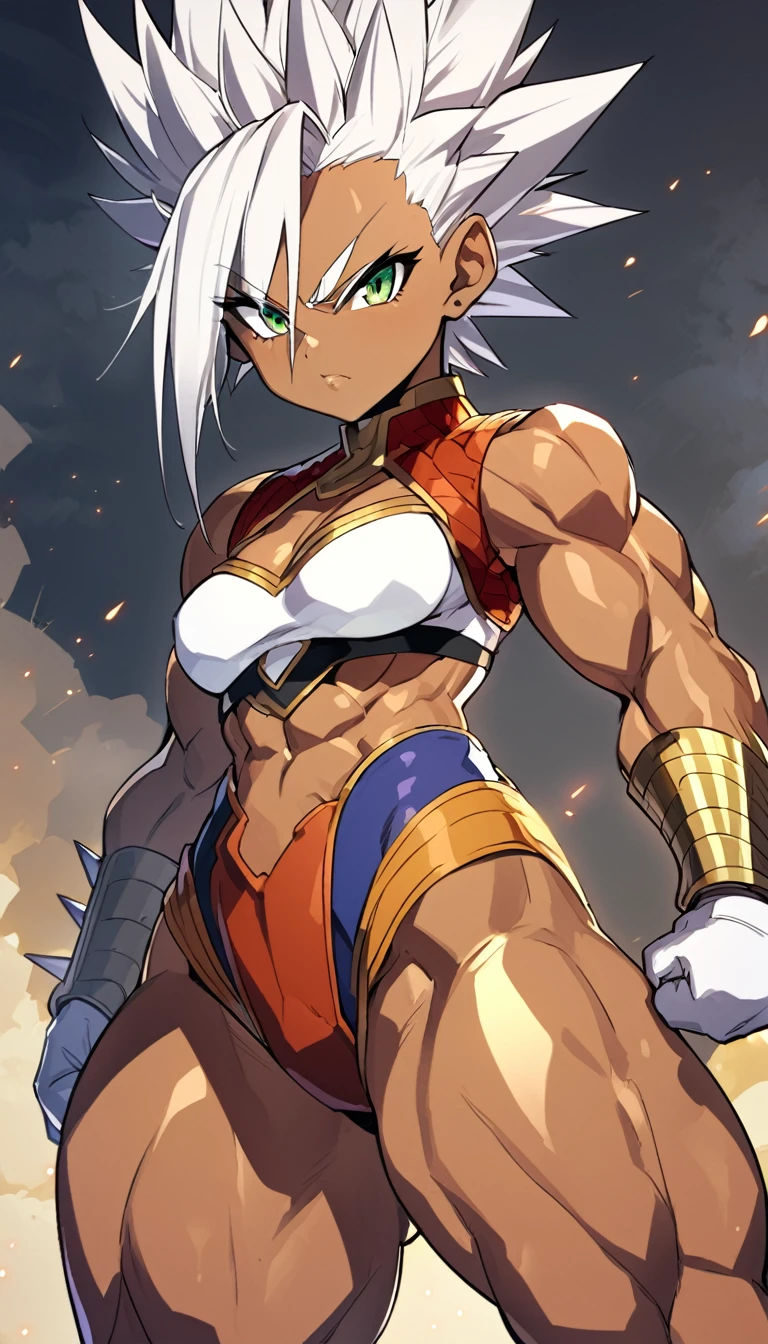a girl, Saiyan, spiky white hair, green eyes, ripped muscles, thin waist, wide hips, Saiyan clothes, Dragon Ball Z universe, brown skin color, medium breasts, thick thighs