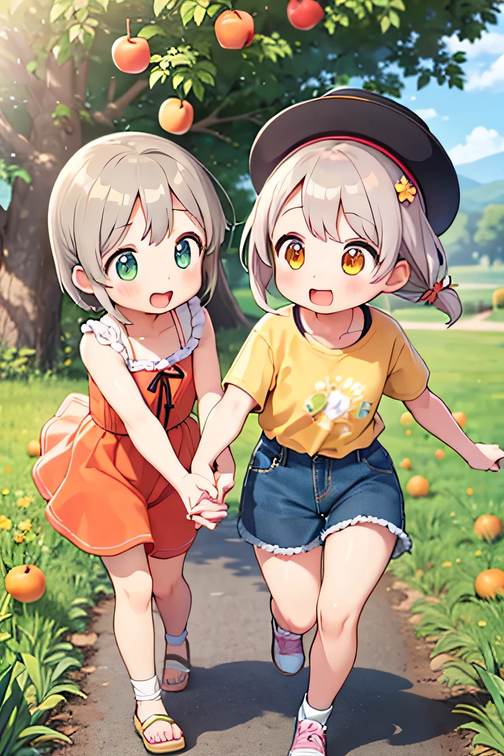 Highest quality、High resolution、Detailed Background、(Beautiful face in every detail:1.4)、Anatomically correct、(Normal number of fingers:1.2)、(Detailed facial expressions)、Teenage beauty、Highly detailed face、Light color hair、Braided Ponytail、Braided bob cut、cute hairstyle、cute gesture、Fun atmosphere、A big smile、smile、Refreshing atmosphere、apple、mandarin orange、peach、
(Girls enjoying fruit picking:1.5)、
On top of a hill with a blue sky、wood々The sunlight shines through、I found some ripe red fruit.、
Holding hands with friends、Climbing from a high branch、Picking sweet-smelling grapes、
A fun time filled with smileemories that remain in my heart、
Now, what color fruit will be next?、Can you find it?、Let's all gather together and eat、
Summer memories: Fruit picking、Running around under the blue sky、apple、mandarin orange、Collected peaches、
I had a great time、A memorable summer day、
A cute T-shirt with fruit prints and colorful colors.、
A flared dress made of lightweight material、Comfortable denim or cotton shorts、
Flared skirts, culottes, etc.、Comfortable flat or sports sandals、Lightweight and breathable sneakers、Caps and hats that are easy to crush、
The color is red, reminiscent of fruit.、yellow、orange、Green etc. gives a lovely impression、cute