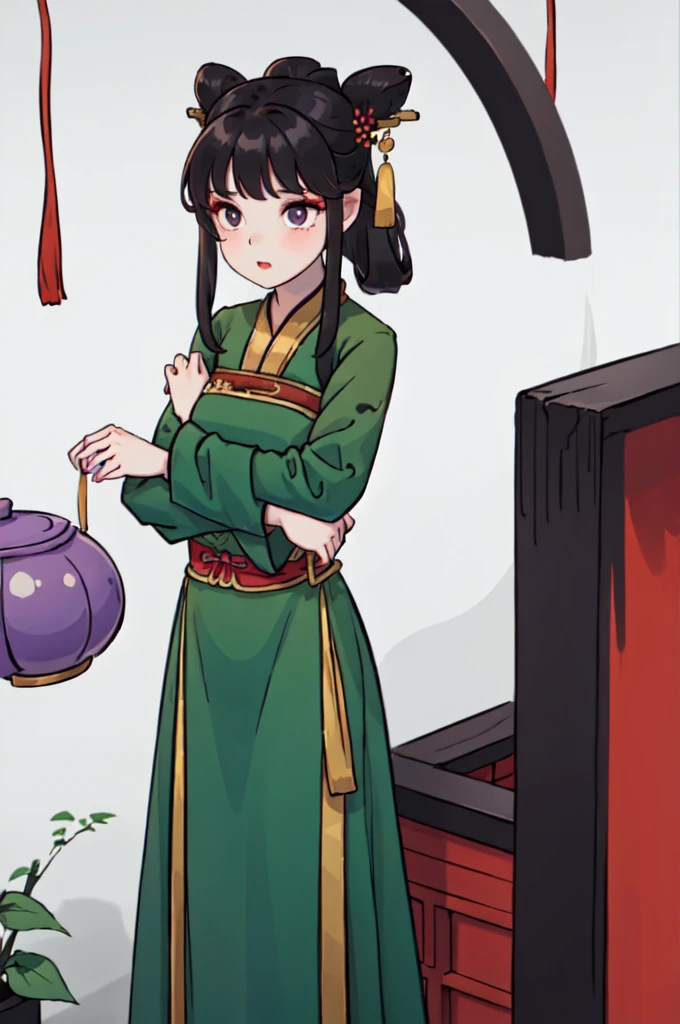 ( Best Quality, ancient china, A girl, opaque green chinese long dress), long hair tied in two tomatoes, black hair, purple eyes
