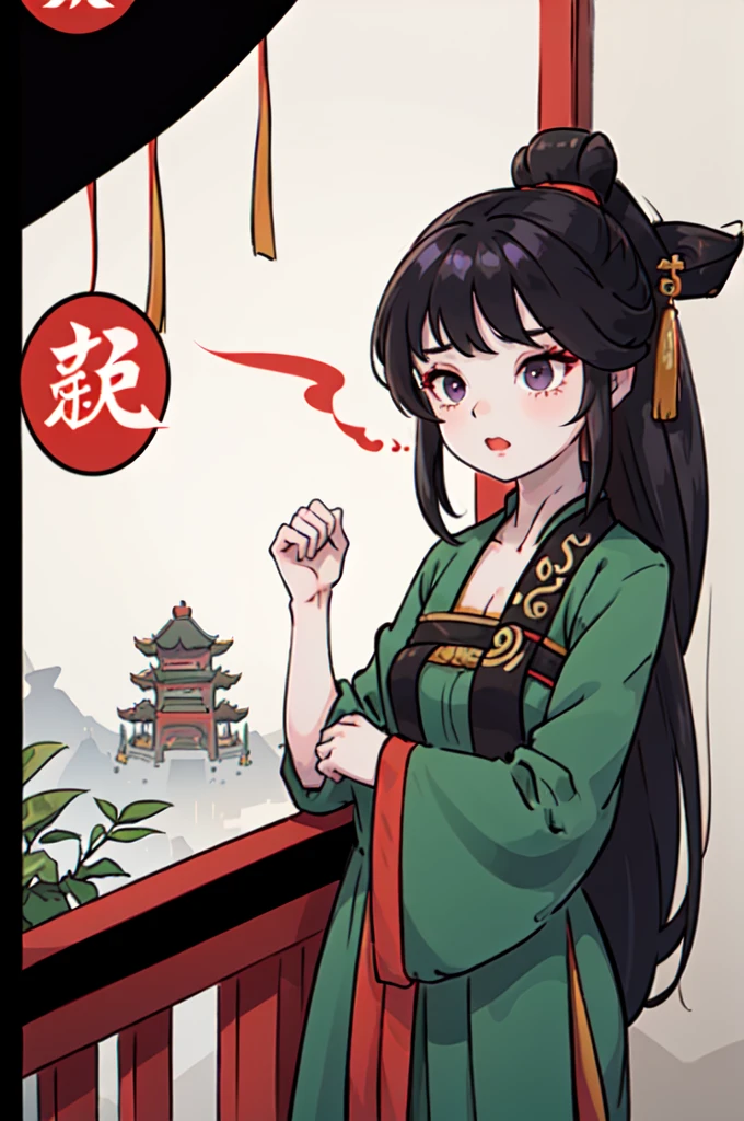 ( Best Quality, ancient china, A girl, opaque green chinese long dress), long hair tied in two tomatoes, black hair, purple eyes
