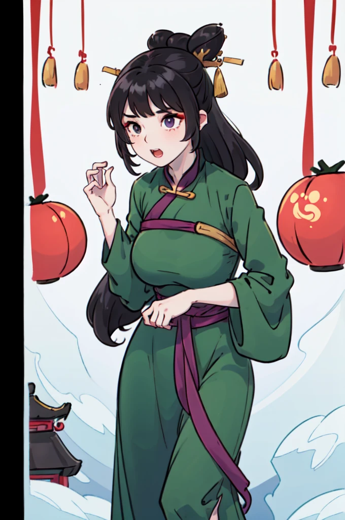 ( Best Quality, ancient china, A girl, opaque green chinese long dress), long hair tied in two tomatoes, black hair, purple eyes
