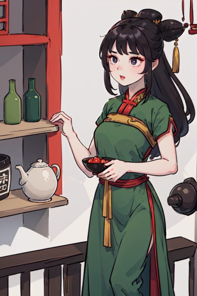 ( Best Quality, ancient china, A girl, opaque green chinese long dress), long hair tied in two tomatoes, black hair, purple eyes
