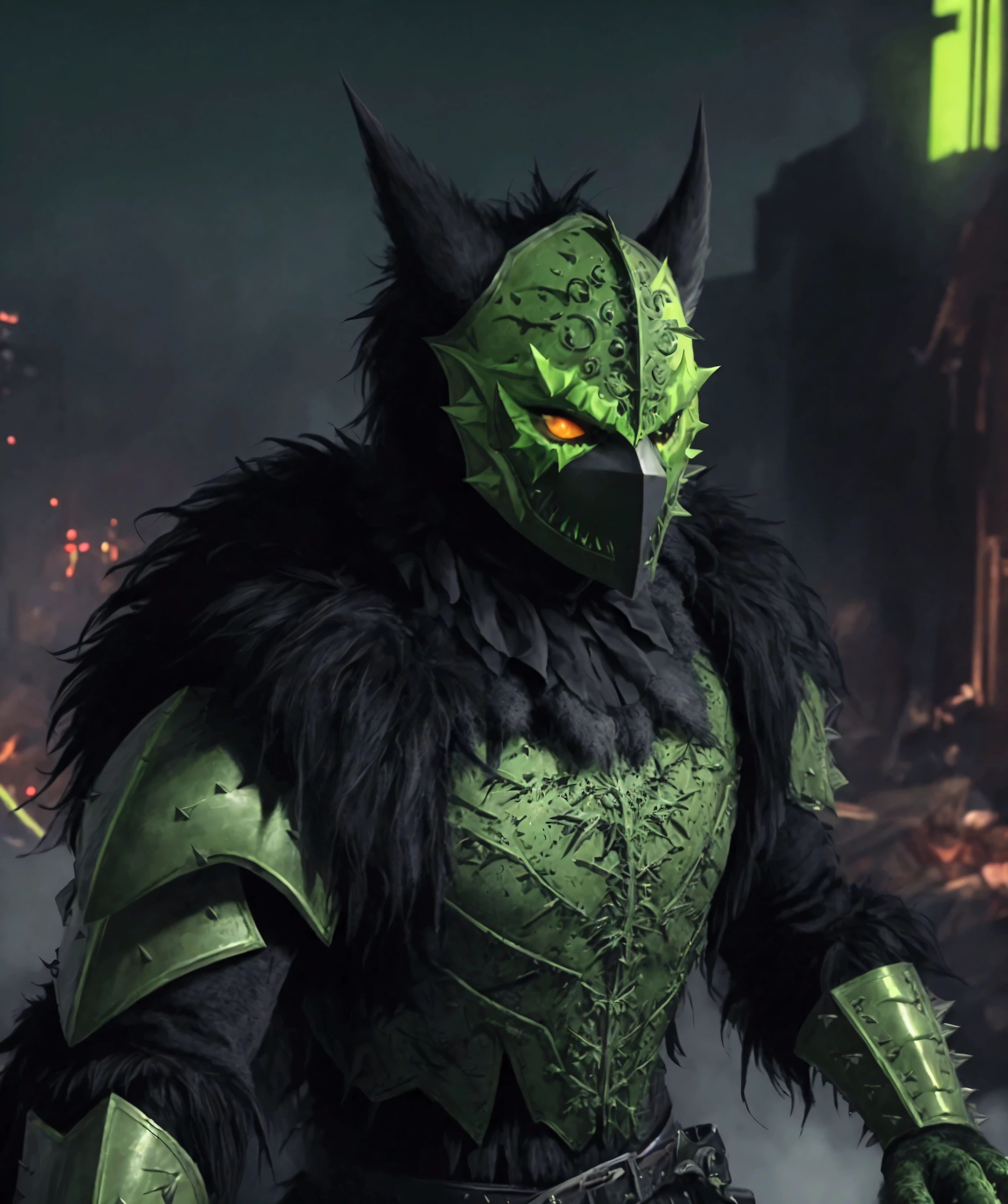 (extremely detailed 8k wallpaper), a medium shot photo of  Grim dressed as a scary masked lime green and dark green furry-supervillain in a lime green and dark green spiked armour made of fur glowing armour with spikes from marvel, theme, intricate, high detail, dramatic, furry monster and destroyed buildings in the background