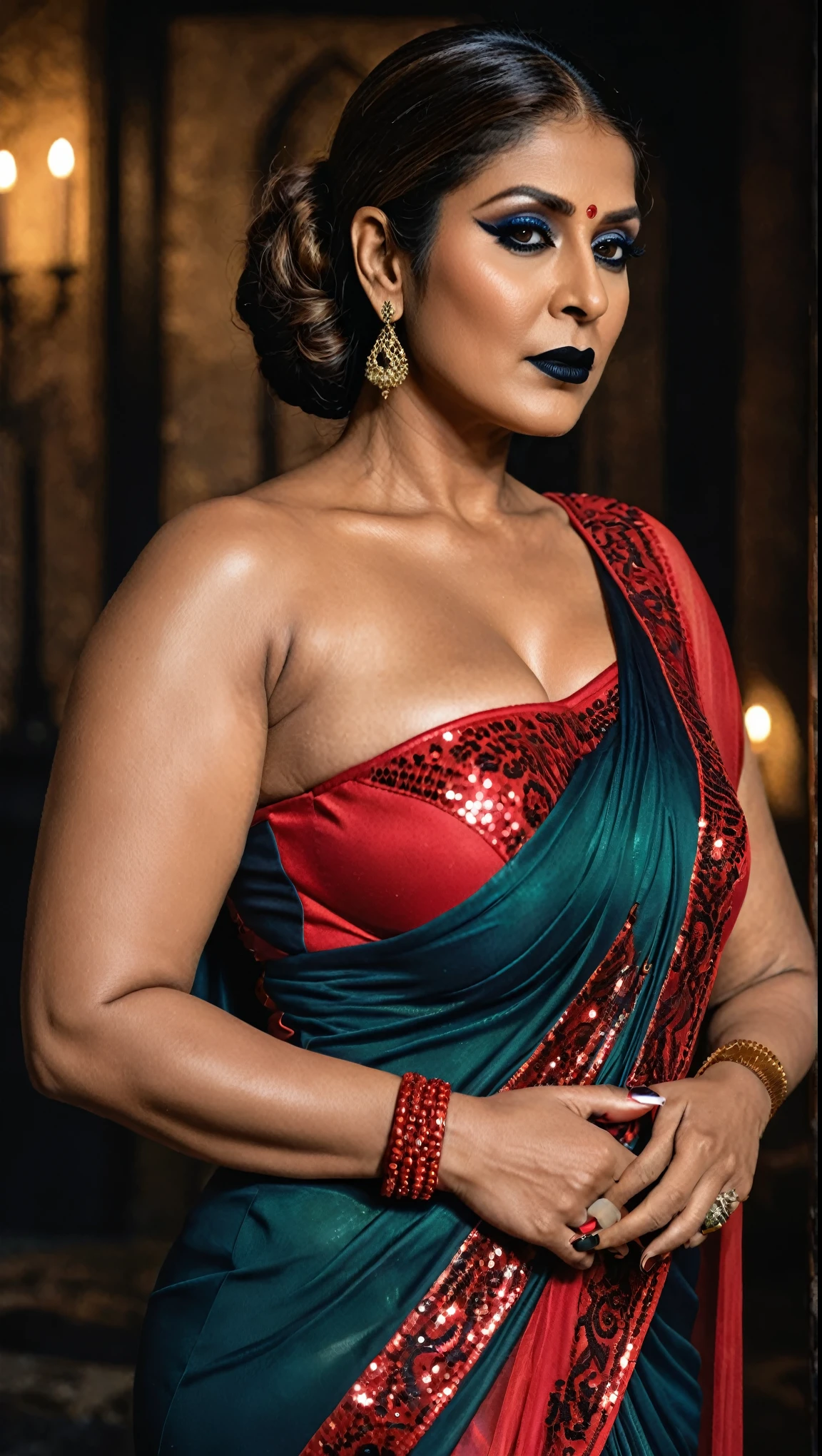 Looks like Nayanthara, milf, cougar lady witch, horny Gothic milf,  50 years old gorgeous mature lady, pervert demoness, demoness of lust, curvy, black lips, horny face, extremely gorgeous, thick figure, heavy physique, voluptuous, curvy, sexy figure, Fashionable portrait of androgynous alien looking witch wearing veil, glowing eyes, futuristic design, minimal details, givenchy, photoreal, 200mm, hd, f/ 2.0, highly detailed, surreal, sexy beautiful evil woman, sexy bold sequin Saree with strapless Bra, chudail, Pishachini, horror genre, blood-thirsty enchantress, powerful female spirit, eerie, drop dead, in the style of red and blue, (intricate details, hyperdetailed:1.15) (skin texture:1.2), dark Moody tone, cinematic lighting, haunted place in background, 