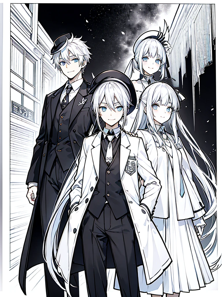 （masutepiece）（high-detail）Men and women in their 20s（white  hair、poneyTail、tailcoat、neck tie、Hats、Smile）