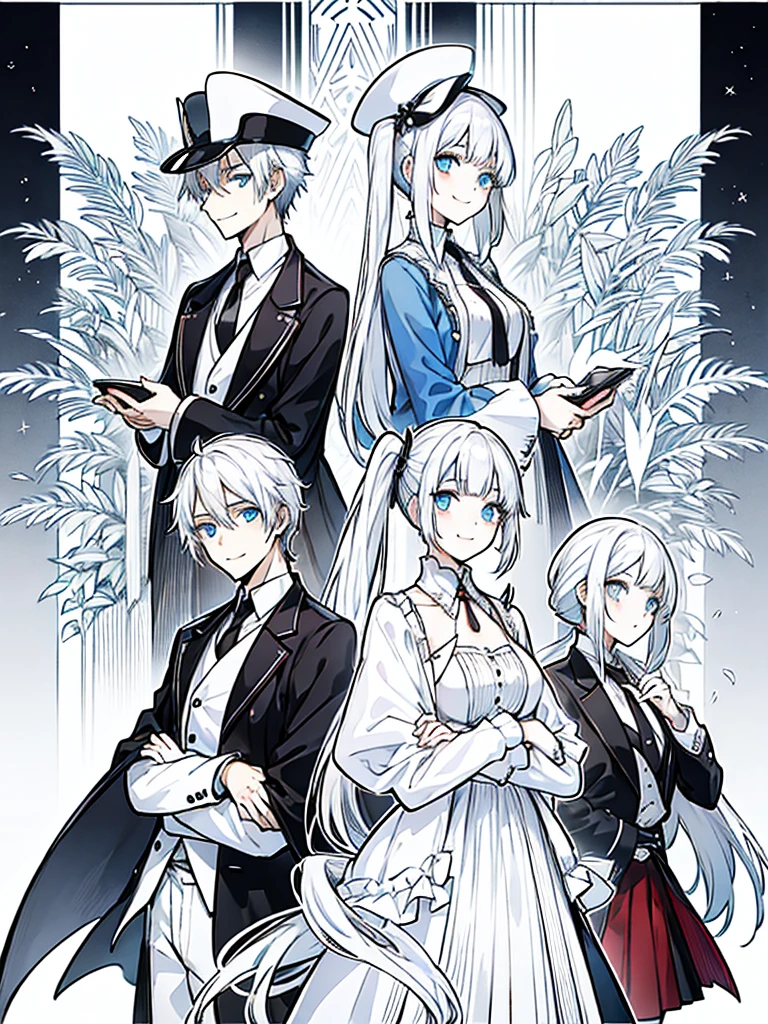 (masutepiece)(high-detail)Men and women in their 20s(white hair、poneyTail、tailcoat、neck tie、Hats、Smile)