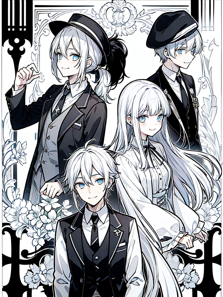 (masutepiece)(high-detail)Men and women in their 20s(white hair、poneyTail、tailcoat、neck tie、Hats、Smile)