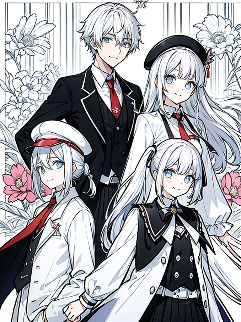 (masutepiece)(high-detail)Men and women in their 20s(white hair、poneyTail、tailcoat、neck tie、Hats、Smile)