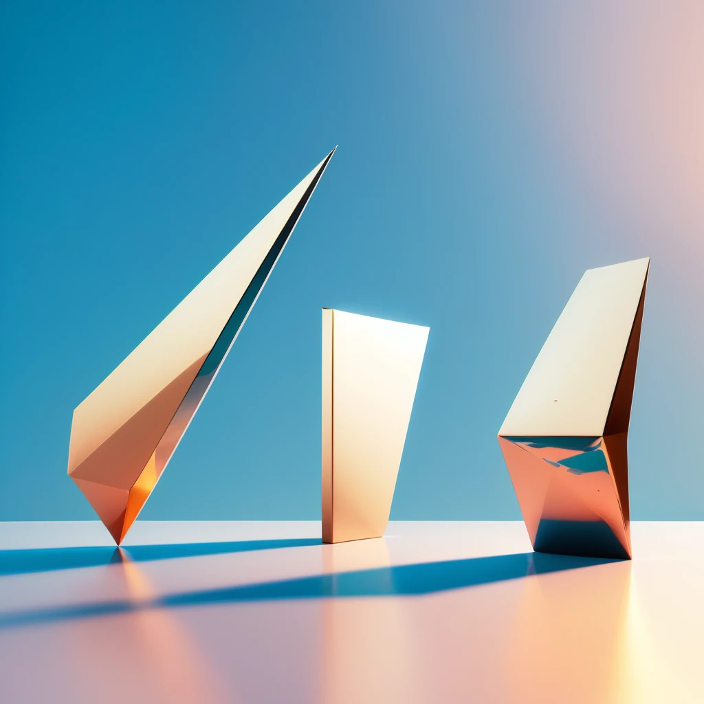 there are three different shapes of paper airplanes on a table, sharp edges. octane render, angular shapes, dramatic simple shapes, volumetric shapes, abstract shapes, floating metallic objects, abstract geometrical shapes, abstract forms and shapes, abstract mirrors, sharp irregular shapes, geometric 3d render, geometric 3 d render, golden shapes, sharp and blocky shapes