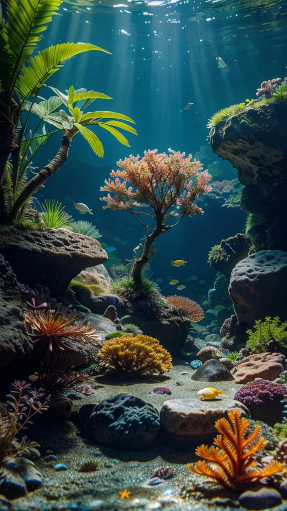 a beautiful detailed aquarium, colorful tropical fish, underwater scene, seaweed plants, rocks, sunlight streaming through water, realistic 3D rendering, high definition, photorealistic, vibrant colors, dynamic lighting, serene atmosphere, masterpiece