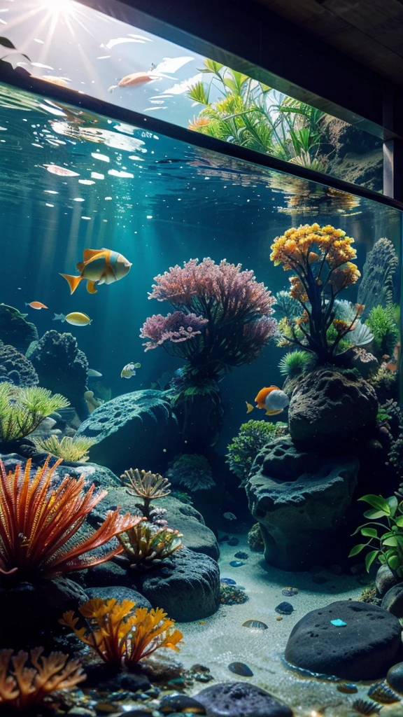 a beautiful detailed aquarium, colorful tropical fish, underwater scene, seaweed plants, rocks, sunlight streaming through water, realistic 3D rendering, high definition, photorealistic, vibrant colors, dynamic lighting, serene atmosphere, masterpiece