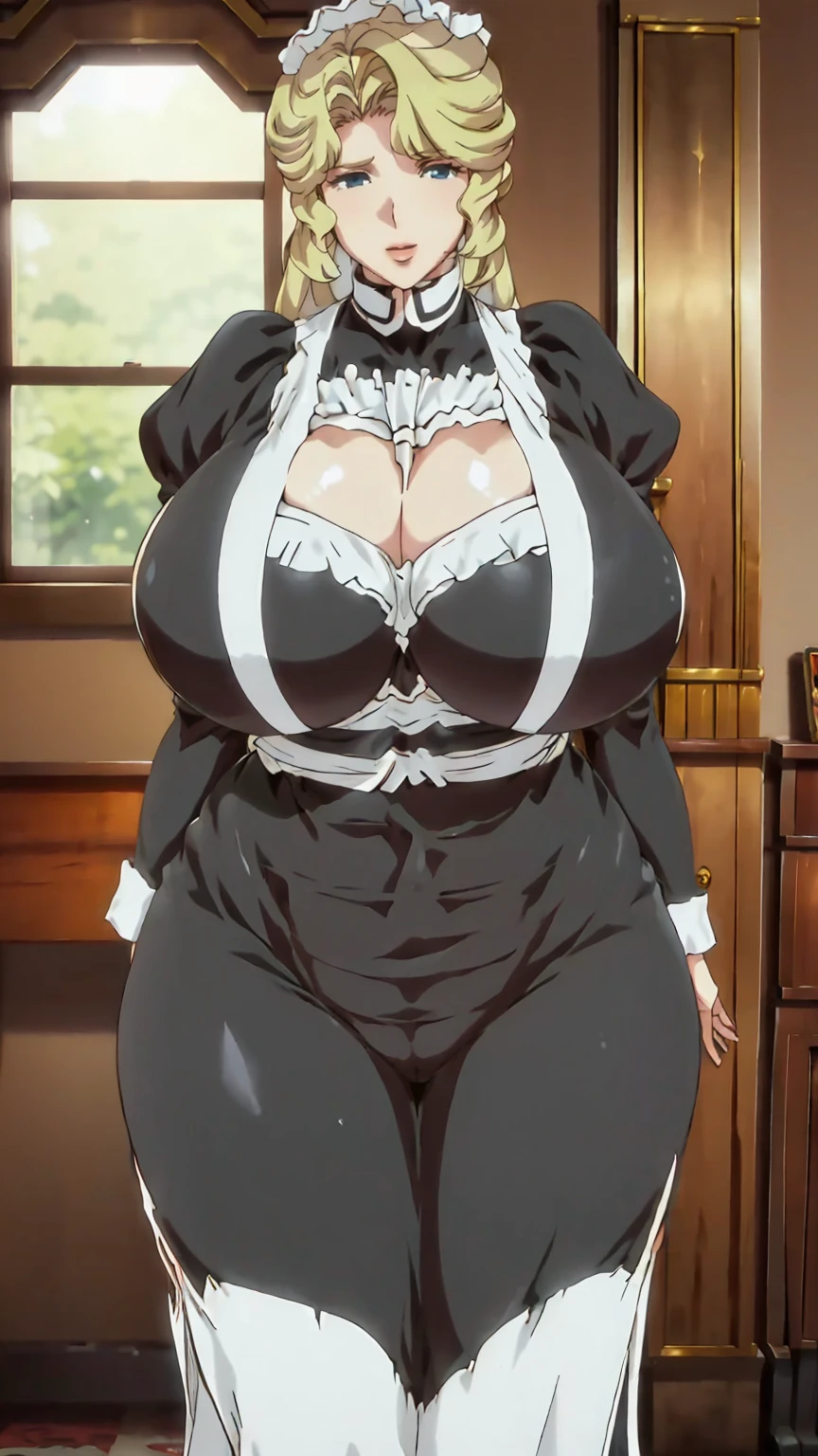 Maria_VM, VIctorian_Maid_Uniform,(masterpiece:1.2, best quality), realistic, (real picture, intricate details, depth of field), (1girl, solo), matsumoto rangiku,milf, (mature female), 40 year old woman, make up, smiling , parted lips, highly-detailed, gorgeous perfect face, (huge breasts), sagging breasts, (skindentation), ((huge thighs)), wide hips, average waist, tall, Luscious red lips, thick lips, (Voluminous blonde hair) , beautiful blue eyes, earrings, sexy, blushing, (Adult Temptress) Voluptuous, Curvy, (sexy dynamic pose), posing , ((Deep Cleavage)), indoors, mansion, curtains, window, luxury bed