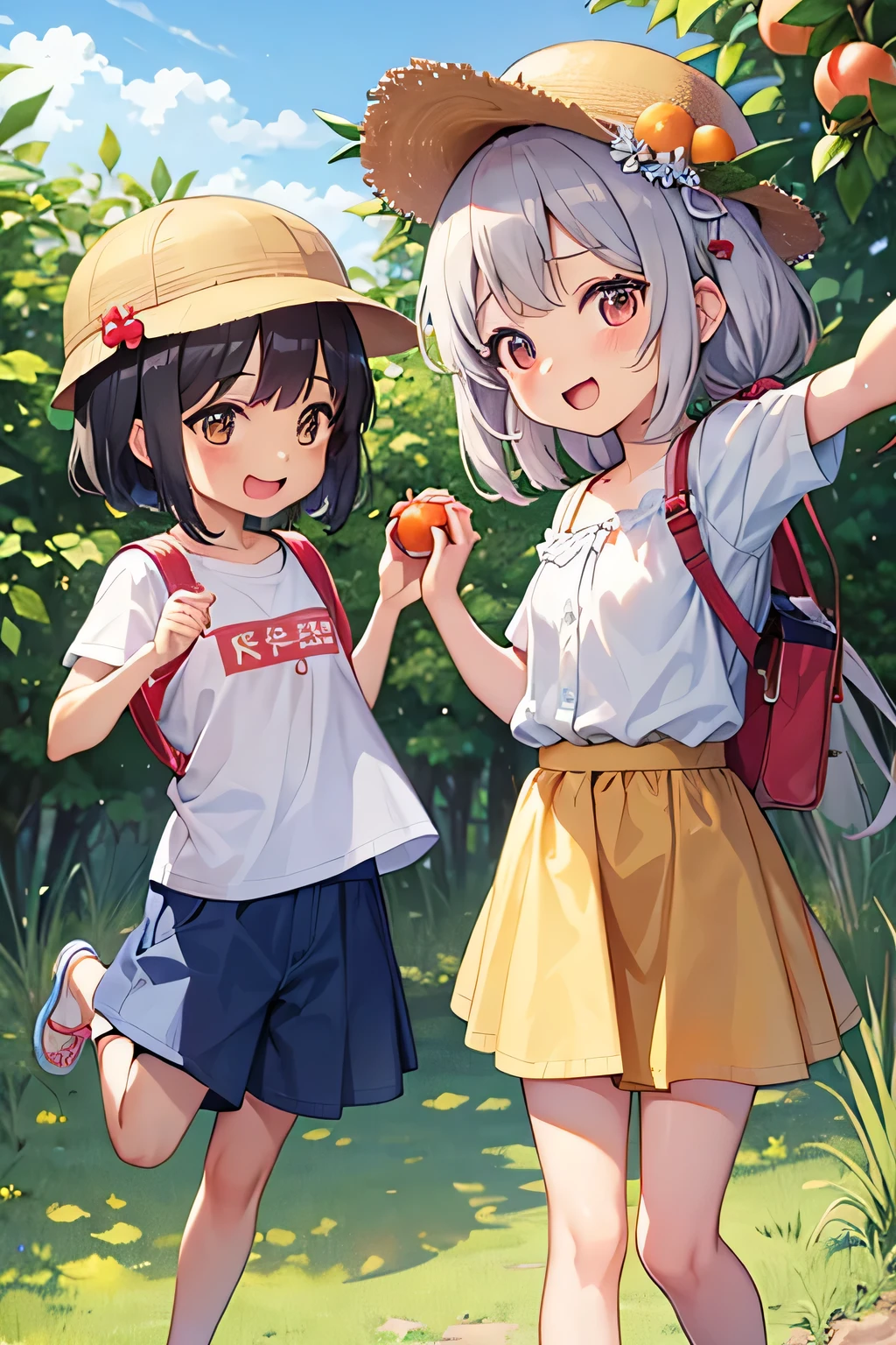 Highest quality、High resolution、Detailed Background、(Beautiful face in every detail:1.4)、Anatomically correct、(Normal number of fingers:1.2)、(Detailed facial expressions)、Teenage beauty、Highly detailed face、Light color hair、Braided Ponytail、Braided bob cut、cute hairstyle、cute gesture、Fun atmosphere、A big smile、smile、Refreshing atmosphere、apple、mandarin orange、peach、

(Girls enjoying fruit picking:1.5)、

On top of a hill with a blue sky、wood々The sunlight shines through、I found some ripe red fruit.、
Holding hands with friends、Climbing from a high branch、Picking sweet-smelling grapes、
A fun time filled with smileemories that remain in my heart、
Now, what color fruit will be next?、Can you find it?、Let&#39;s all gather together and eat、
Summer memories: Fruit picking、Running around under the blue sky、apple、mandarin orange、Collected peaches、
I had a great time、A memorable summer day、

A cute T-shirt with fruit prints and colorful colors.、
A flared dress made of lightweight material、Comfortable denim or cotton shorts、
Flared skirts, culottes, etc.、Comfortable flat or sports sandals、Lightweight and breathable sneakers、Caps and hats that are easy to crush、
The color is red, reminiscent of fruit.、yellow、orange、Green etc. gives a lovely impression、cute