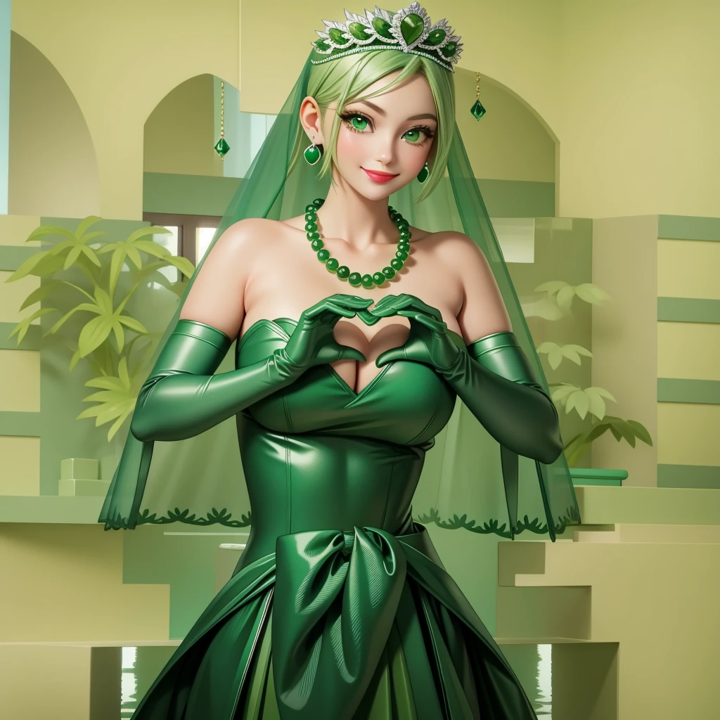 Emerald tiara, Green Pearl Necklace, ボーイッシュな非常に短いGreen Hair, Green Lips, Smiling Japanese woman, Very short hair, Busty beautiful lady, Green Eyes, Green satin long gloves, Green Eyes, Emerald Earrings, Green veil, Heart with both hands, Green Hair, Beautiful Japanese Woman, Heart shaped hands:1.3, green lip gloss
