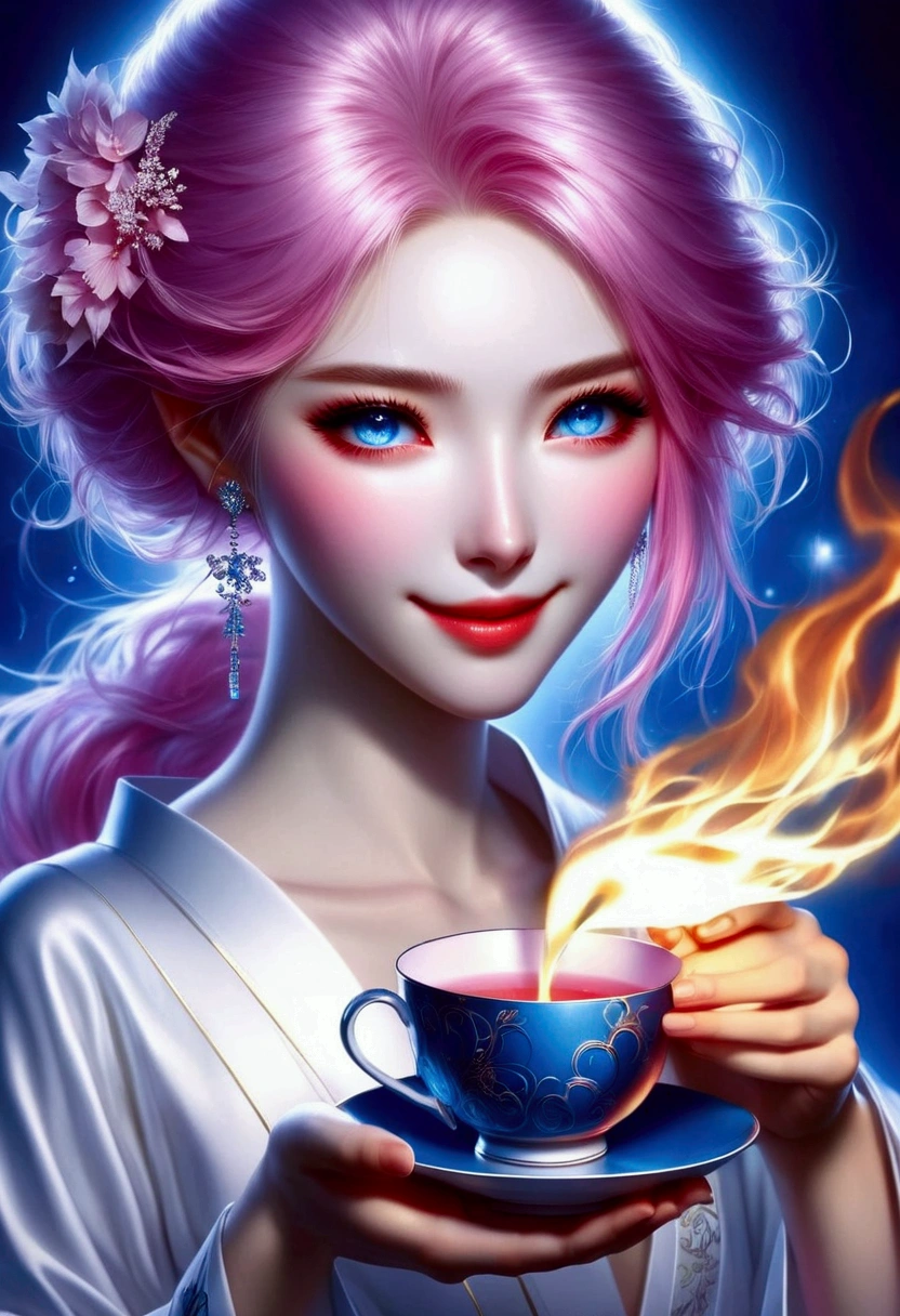 Drinking hot Japanese car with a teacup、Enter the flame、smile、Pink haired woman、blue eyes