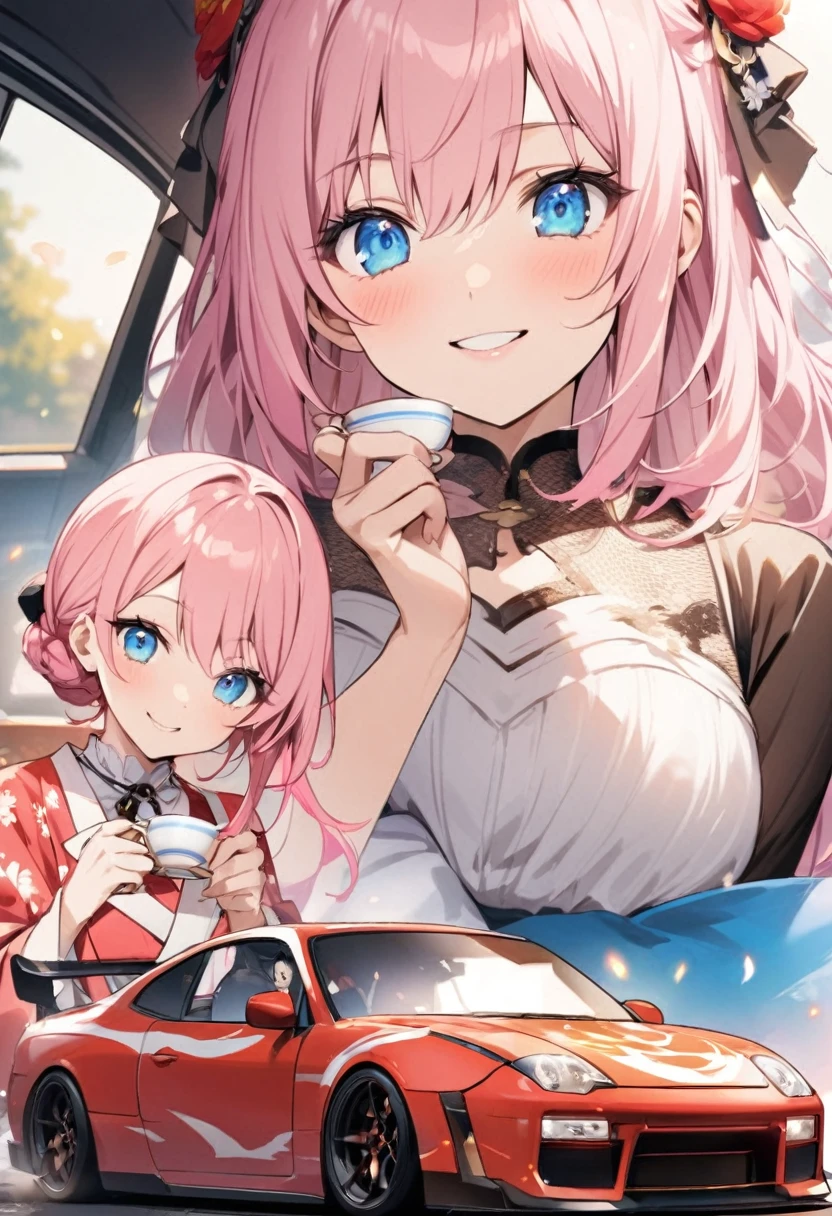 Drinking hot Japanese car with a teacup、Enter the flame、smile、Pink haired woman、blue eyes