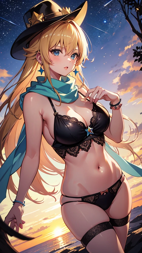 2 girls, (several girls), Princess Peach, Rosalina (a character who made her debut in the game Super Mario Galaxy. Appears for the first time in Galaxy Portal), are two girls and are highly detailed, beautiful faces, detailed eyes, perfect anatomy , detailed lips, wears a cowboy hat, with fringes, vest with a sheriff's star, defined waist, without the bottom part, wearing black and sensual lace panties, belly exposed, scarf around both of their necks, big breasts, they are at the beginning of a Wild West town in the background, with a sunset set in the background with few clouds in the sky in a Wild West sunset
