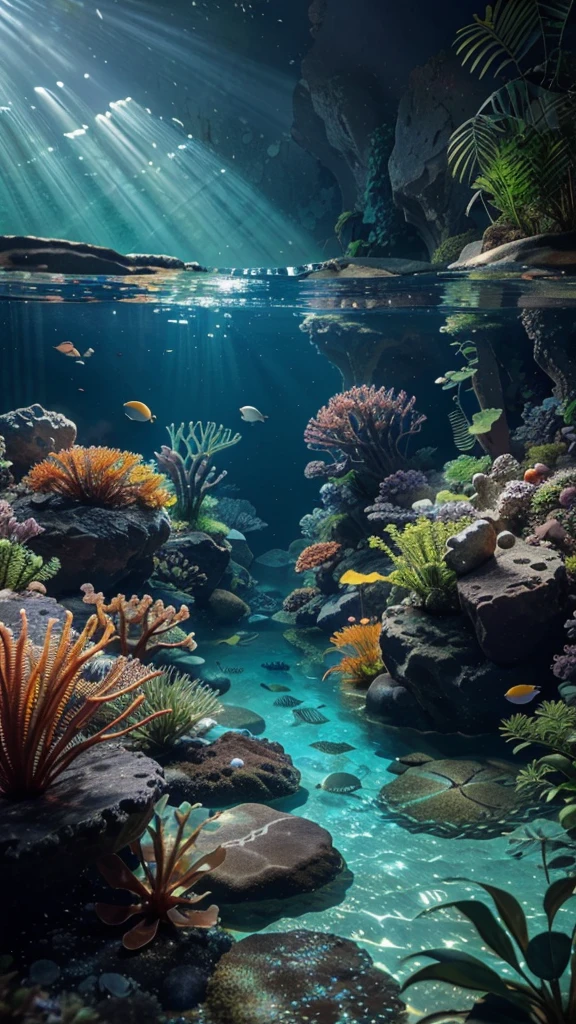 a beautiful detailed aquarium, colorful tropical fish, underwater scene, seaweed plants, rocks, sunlight streaming through water, realistic 3D rendering, high definition, photorealistic, vibrant colors, dynamic lighting, serene atmosphere, masterpiece