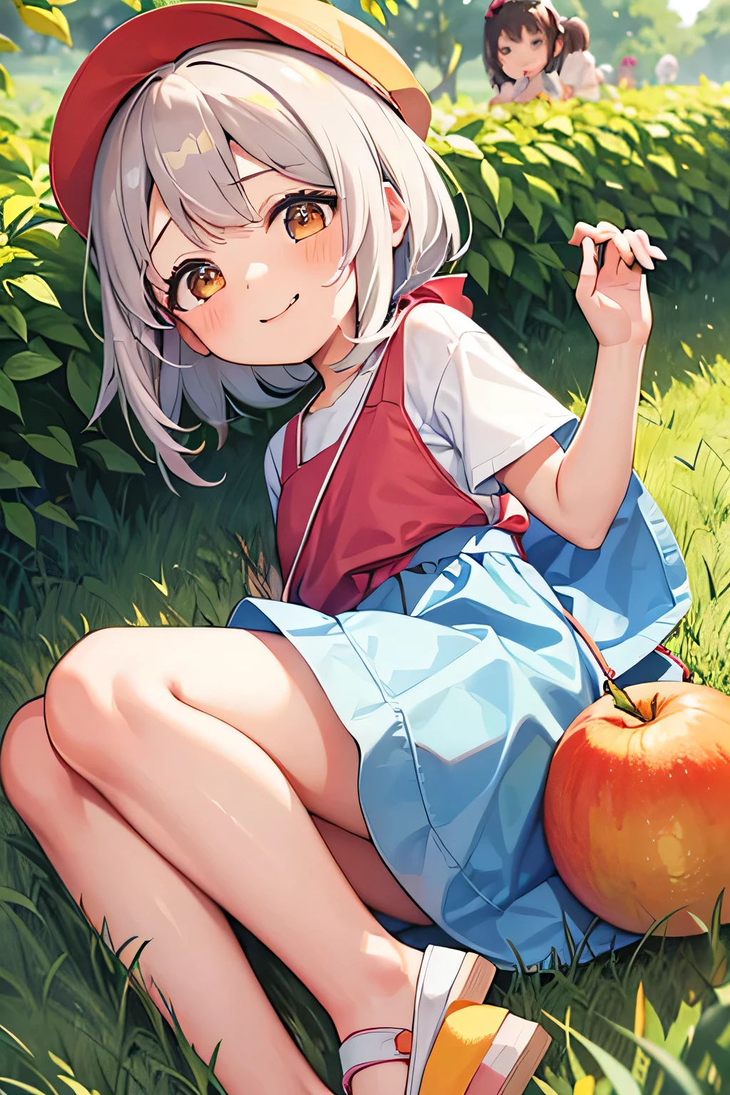 Highest quality、High resolution、Detailed Background、(Beautiful face in every detail:1.4)、Anatomically correct、(Normal number of fingers:1.2)、(Detailed facial expressions)、Teenage beauty、Highly detailed face、Light color hair、Braided Ponytail、Braided bob cut、cute hairstyle、cute gesture、Fun atmosphere、A big smile、smile、Refreshing atmosphere、apple、mandarin orange、peach、
(Girls enjoying fruit picking:1.5)、
On top of a hill with a blue sky、wood々The sunlight shines through、I found some ripe red fruit.、
Holding hands with friends、Climbing from a high branch、Picking sweet-smelling grapes、
A fun time filled with smileemories that remain in my heart、
Now, what color fruit will be next?、Can you find it?、Let's all gather together and eat、
Summer memories: Fruit picking、Running around under the blue sky、apple、mandarin orange、Collected peaches、
I had a great time、A memorable summer day、
A cute T-shirt with fruit prints and colorful colors.、
A flared dress made of lightweight material、Comfortable denim or cotton shorts、
Flared skirts, culottes, etc.、Comfortable flat or sports sandals、Lightweight and breathable sneakers、Caps and hats that are easy to crush、
The color is red, reminiscent of fruit.、yellow、orange、Green etc. gives a lovely impression、cute