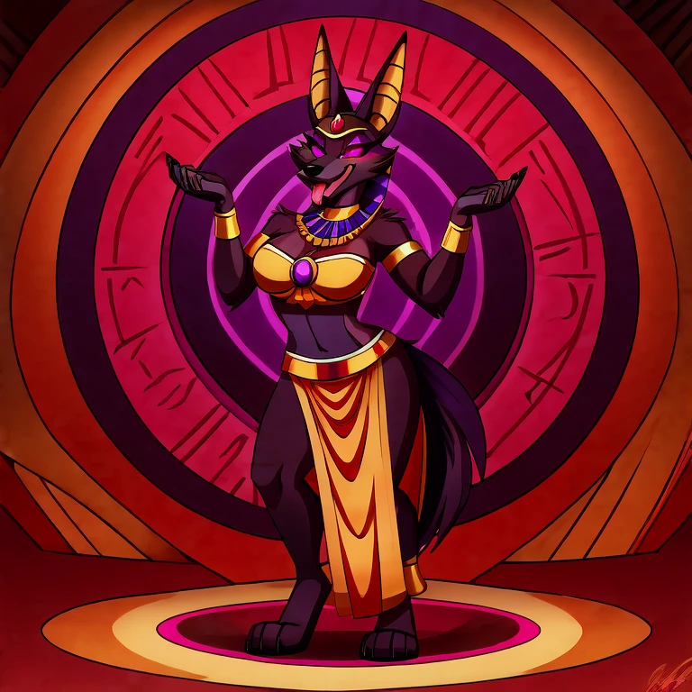 (masterpiece, best quality:1.2), Vortex female anubian jackal hellhound, wolf, furry, helluva boss, hypnotized with glowing purple eyes, tongue out, egyptian clothes, egyptian queen dress, tribal clothes, dancing ridiculously