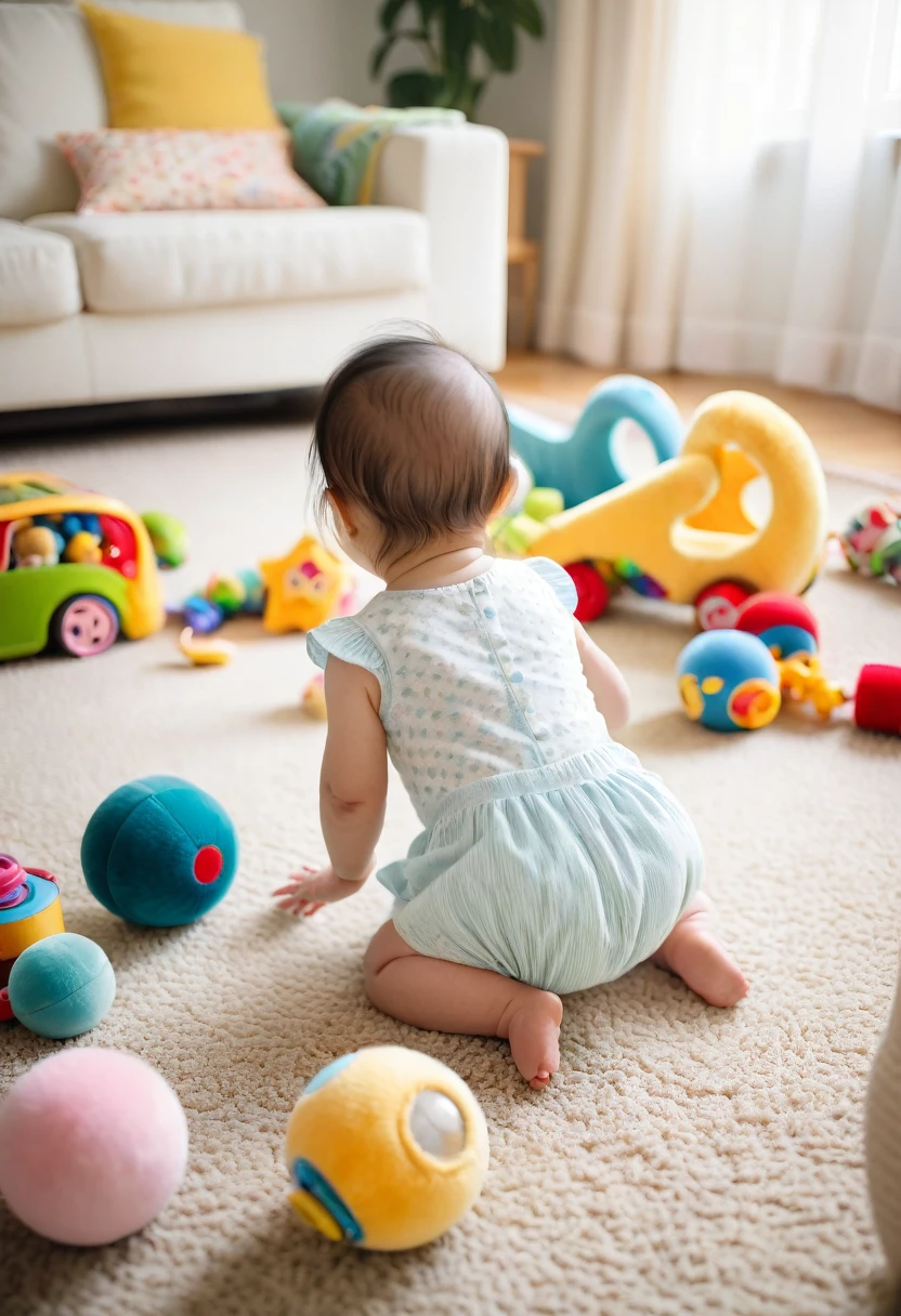 A photo of the back of a baby girl crawling on a carpeted living room floor surrounded by her baby toys, capturing the innocence and curiosity of childhood, with soft natural lighting, shallow depth of field to emphasize the baby,