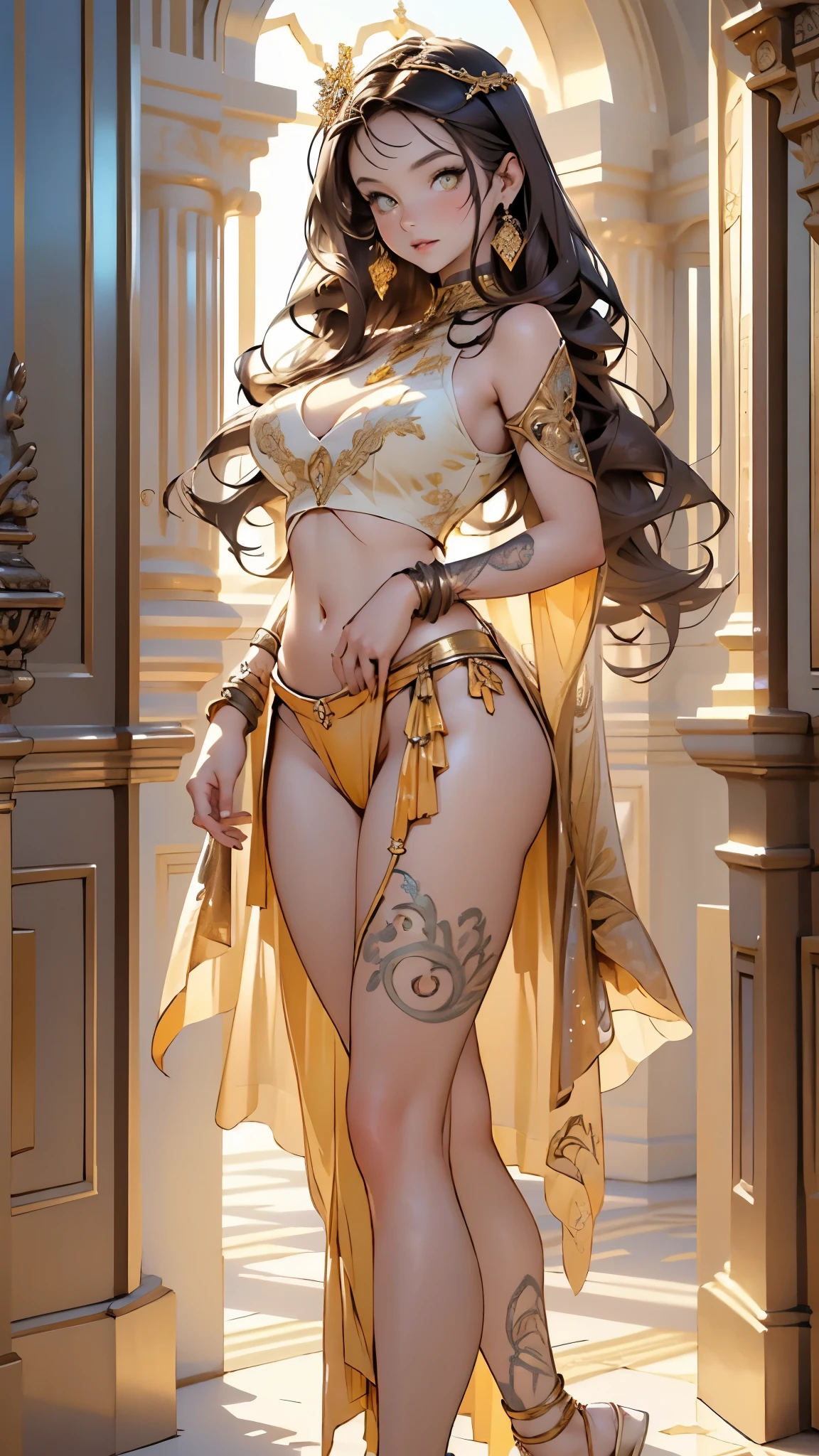 2girls,multiple girls,(((beautiful brunettes identical twins in middle of composition:1.5))),(brunette long hair:1.5),detailed and intricate,very enormous breast:1.7),(((yellow_eyes:1.3))),intricate eyes,beautiful detailed eyes,symmetrical eyes,(((lustrous skin:1.5,bright skin: 1.5,skin tanned,shiny skin,very shiny skin,shiny body,plastic glitter skin,exaggerated shiny skin,illuminated skin))), shiny lips, very big ass,inflated legs,thick thighs,(symmetrical detailed face:1.7),toned, sexy, nsfw,

sexy,zettai ryouiki,tiny clothes,show skin,(arabian clothes, harem outfit, arabian dancing girl, belly dancer outfit, sex slave, jewelry, sheer loincloth, pelvic curtain, midriff, bracelets,),(arabian jewelry,intricate necklace),((((silk loincloth:1.5,transparent loincloth)))),navel:1.5,(((gold clothes))),

(dynamic pose:1.0),embarrassed,(centered,scale to fit dimensions,Rule of thirds),

indoors,(huge columns of an Arab palace,arab palace,arab palace background),scenery,extremely scenery,arab style,

(Glossy arab ornaments),highres,sharp focus,(ultra detailed,extremely detailed),(photorealistic artwork:1.37),(extremely detailed CG unity 8k wallpaper),(((vibrant colors,vibrant theme))),(intricate),(masterpiece),(best quality),artistic photography,(photography taken by sldr),(intricate background),perfect rendered face,perfect face details,realistic face,photo realistic,((intricate detail)),(((realism))),
