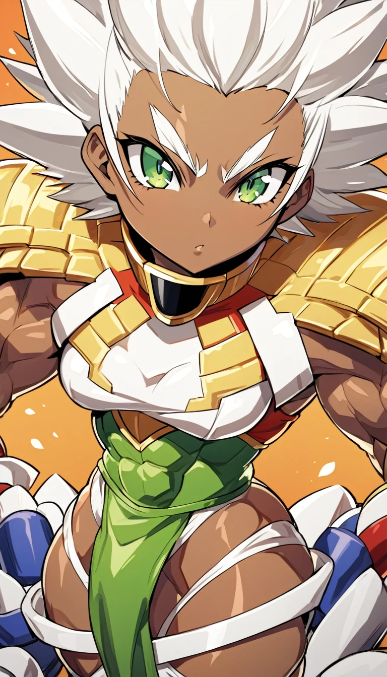a girl, Saiyan, spiky white hair, green eyes, ripped muscles, thin waist, wide hips, Saiyan clothes, Dragon Ball Z universe, brown skin color, medium breasts, thick thighs, (she would be raising her ki and if transforming into super saiyan).
