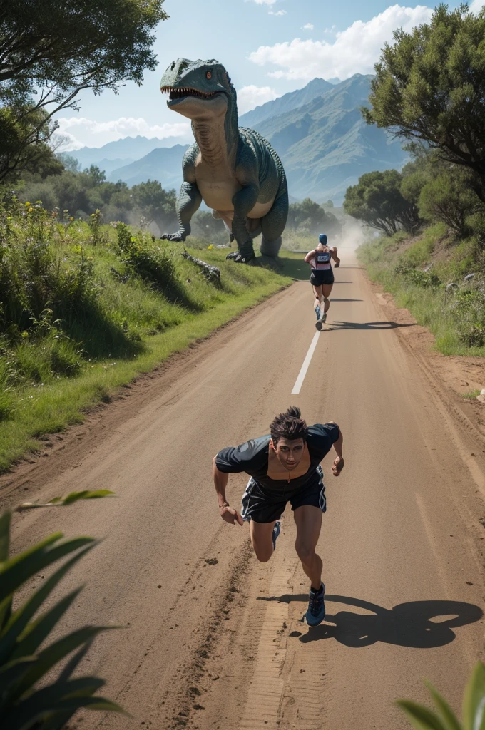 Make 1 man running, in the same line 2 dinosaurs chasing you.