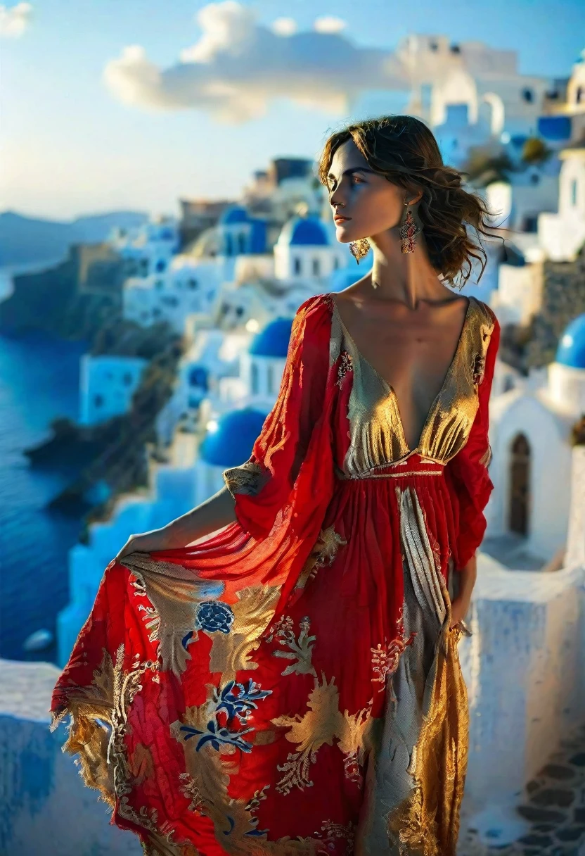 A stunning photograph capturing the essence of Santorini,a subtle hint of skin featuring a bohemian woman with a voluptuous figure clad in a bold and vibrant red, gold, and silver linen dress. The dress features a plunging neckline, photo, portrait photography, fashion