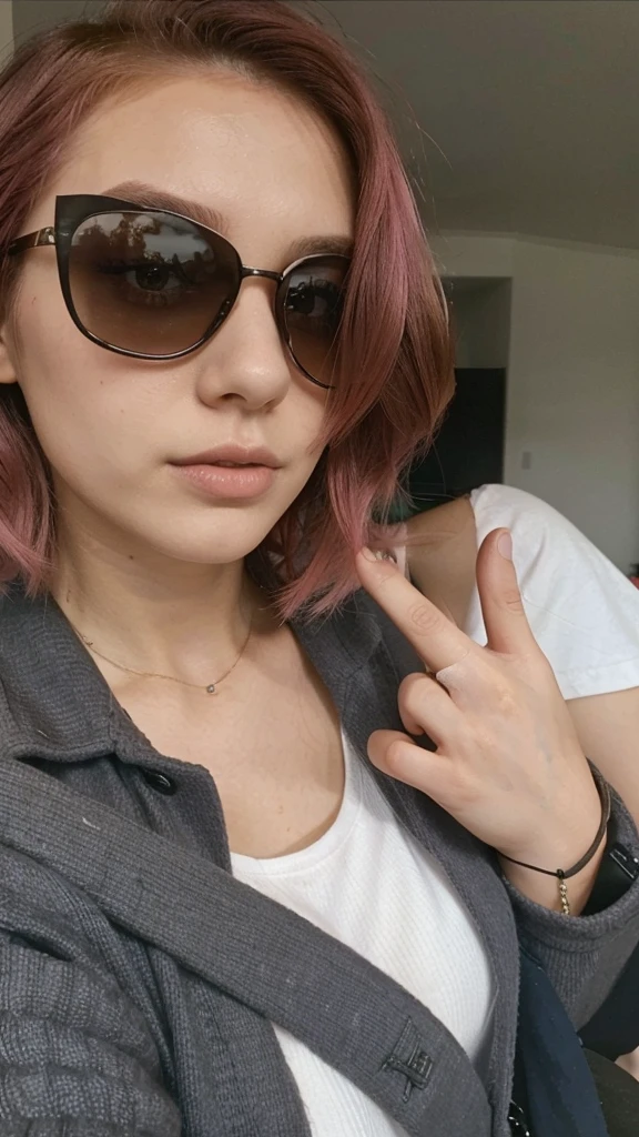 girl, 21 years old, short shoulder-length hair, pink hair color,