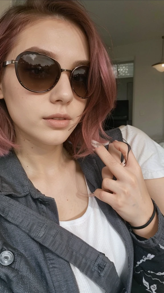 girl, 21 years old, short shoulder-length hair, pink hair color, 