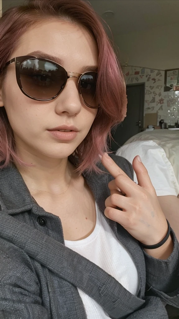 girl, 21 years old, short shoulder-length hair, pink hair color,