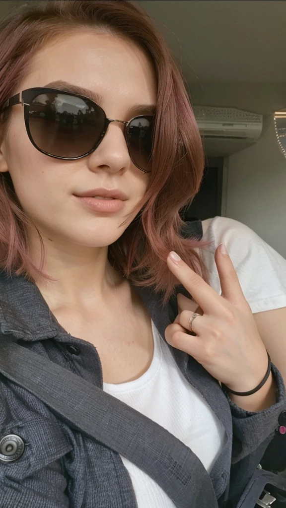 girl, 21 years old, short shoulder-length hair, pink hair color,